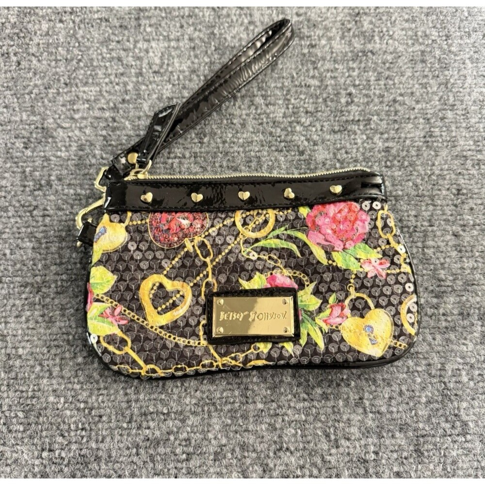 Betsey Johnson Wristlet Black Floral Rose Heart Sequin Gold Stud Zip Pouch